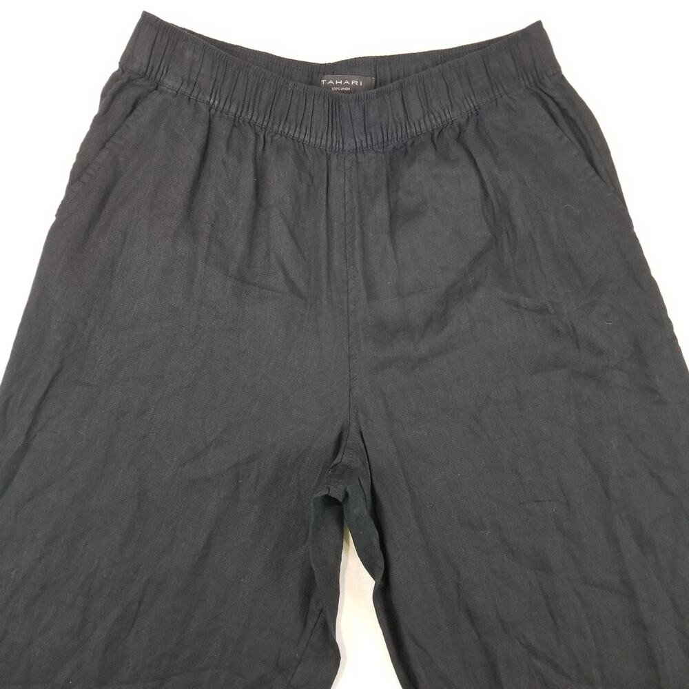 Tahari Pants Womens Large Black Linen Wide Leg Pull On Elastic Waist Pockets - Picture 3 of 11